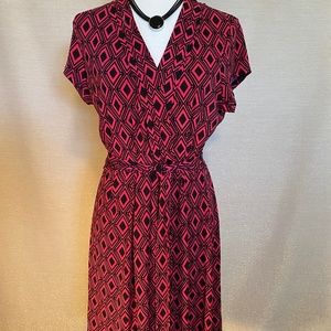 FAUX WRAP PINK AND BLACK GEOMETRIC DRESS~SIZE L